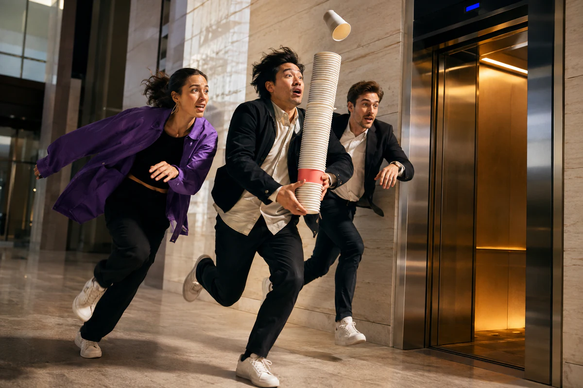 Coworkers sprinting with drinks to illustrate motion matching