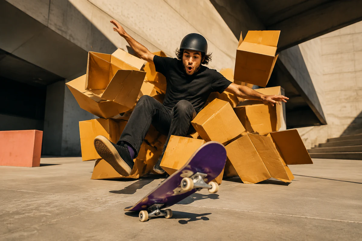 A skateboarder tumbling through boxes as the opening hook clip